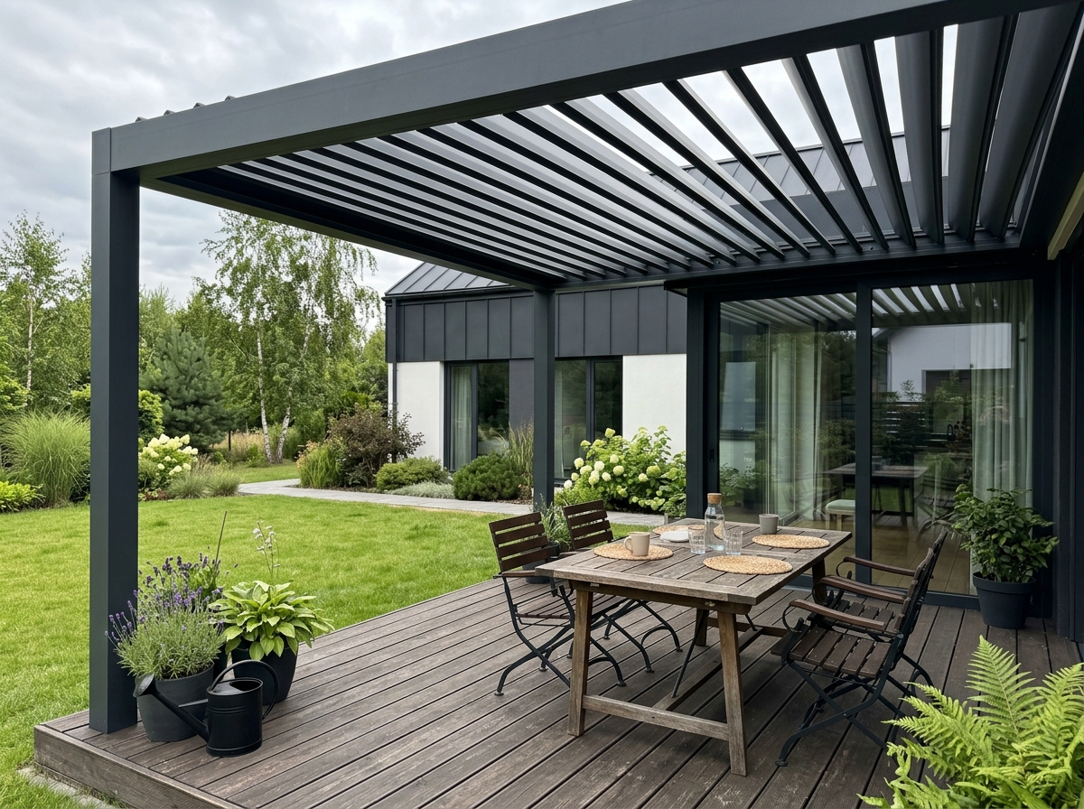 Pergola bioklimatyczna z obrotowymi lamelami na tarasie