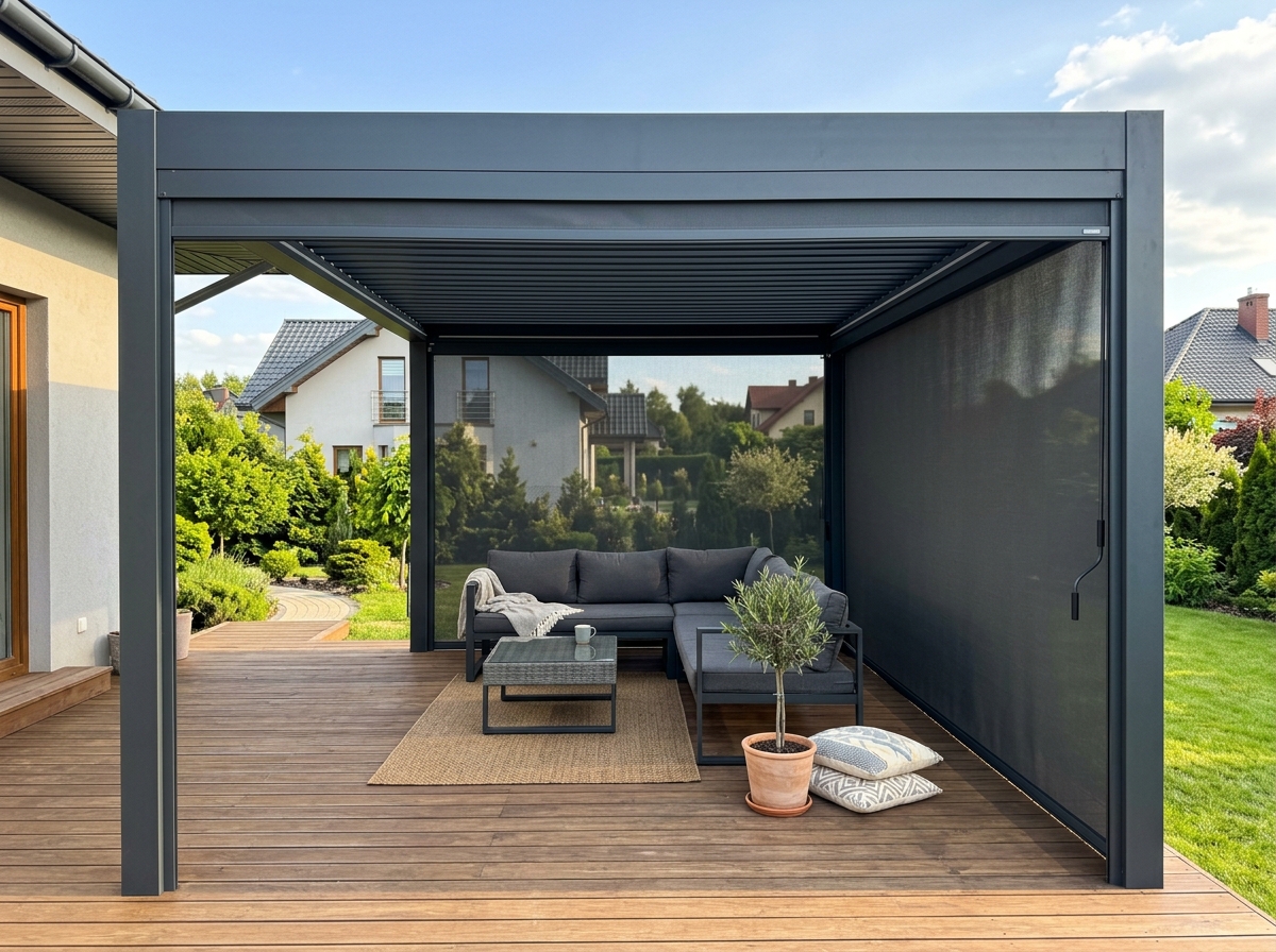 Pergola tarasowa z opuszczanymi roletami ZIP Screen chroniącymi przed wiatrem