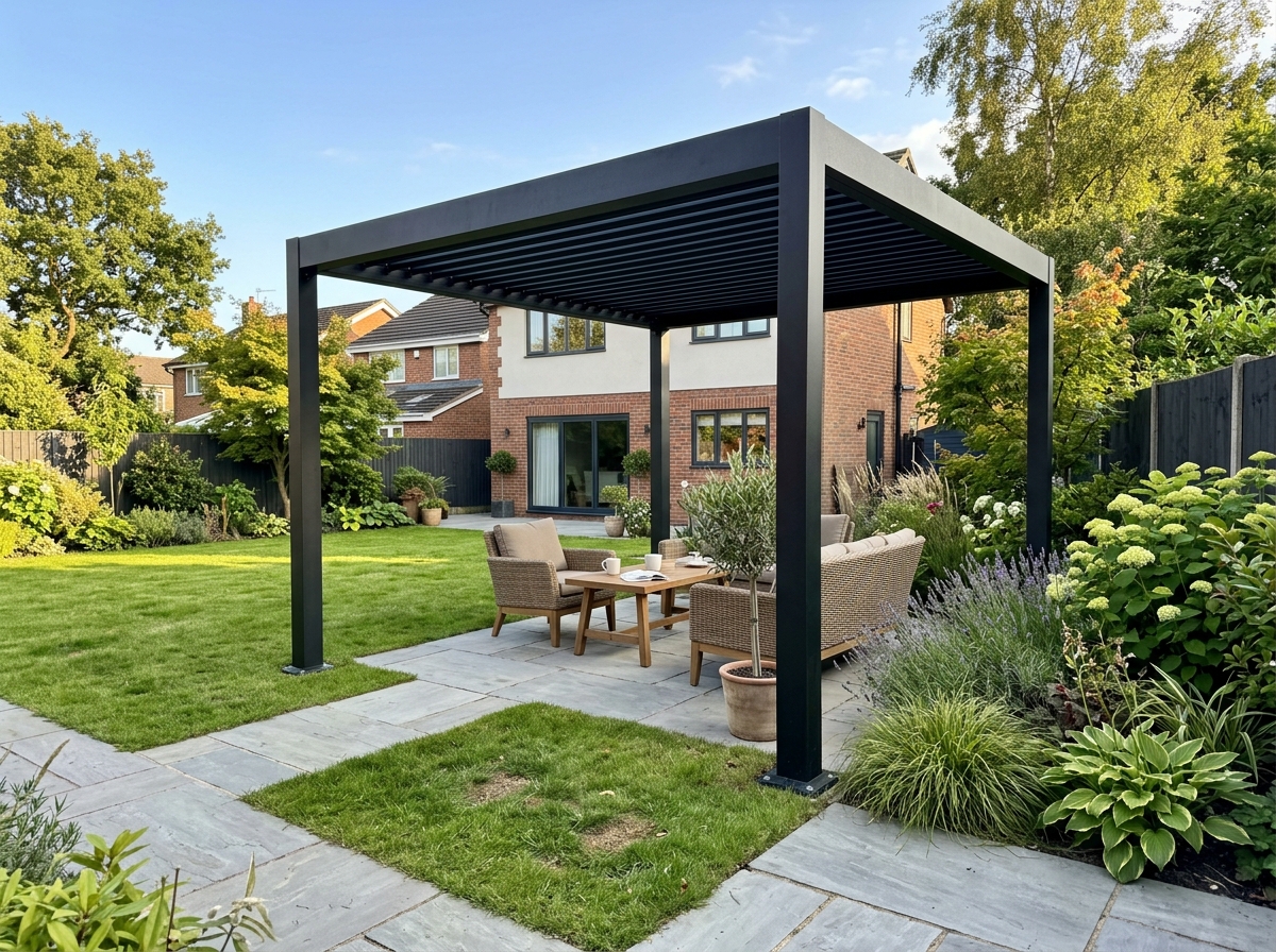 Pergola wolnostojąca aluminiowa w ogrodzie na kostce brukowej