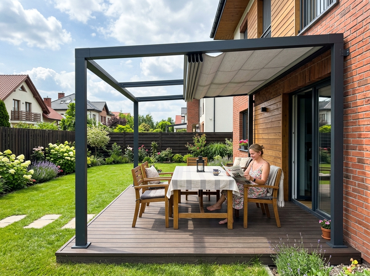 Pergola tkaninowa ze zwijanym poszyciem na tarasie domu jednorodzinnego